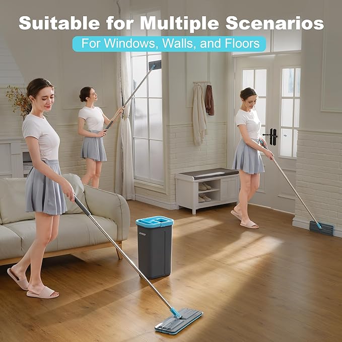 JOYMOOP Mop and Bucket Set with Wringer with 5 Reusable Microfiber Mop Pads Mops for Floor Cleaning and Wall Cleaning Hands-Free Flat Mop for Home Use - Grey+Cyan Blue