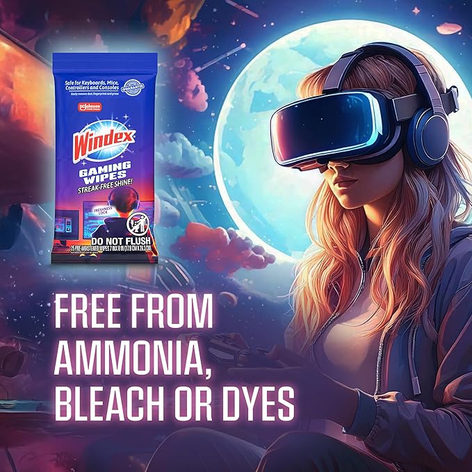Windex Gaming Cleaning Wipes Ammonia-Free Anti-Static Electronics Cleaner for Consoles Controllers Screen TV Computer Monitor &amp Keyboard Streak-Free Pre-Moistened 25 Count (Pack of 12)
