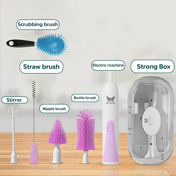 Baby Electric Bottle Brush Cleaner for New Parents Rechargeable 360° Rotation Bottle Cleaner Set Travel Bottle Cleaner Kit with Nipple Straw Brush and Milk Frother for New Baby Shower