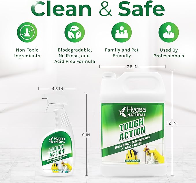 Hygea Natural Tough Action Tile &amp Grout Cleaner Duo - Deep Cleans Dirt &amp Scum &amp Enhances Stone Color - Acid-Free &amp Residue-Free Biodegradable Formula (24 oz Spray &amp Ready to Use Ga