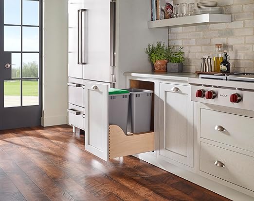 Rev-A-Shelf Pullout Trash Cans for Kitchen Cabinet Dual 50 Qt Bins with 18 Wood Frame - Large Garbage Bin Containers for Home Waste Storage and Recycling