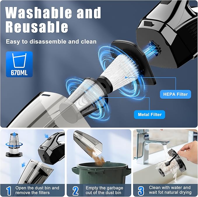 Handheld Vacuum Cordless Rechargeable Portable Car Vacuum 7500Pa Powerful Suction Mini Hand Held Vacuum 670ML Cup Lightweight Small Vacuum Cleaner for Car/Office/Home Pet Hair