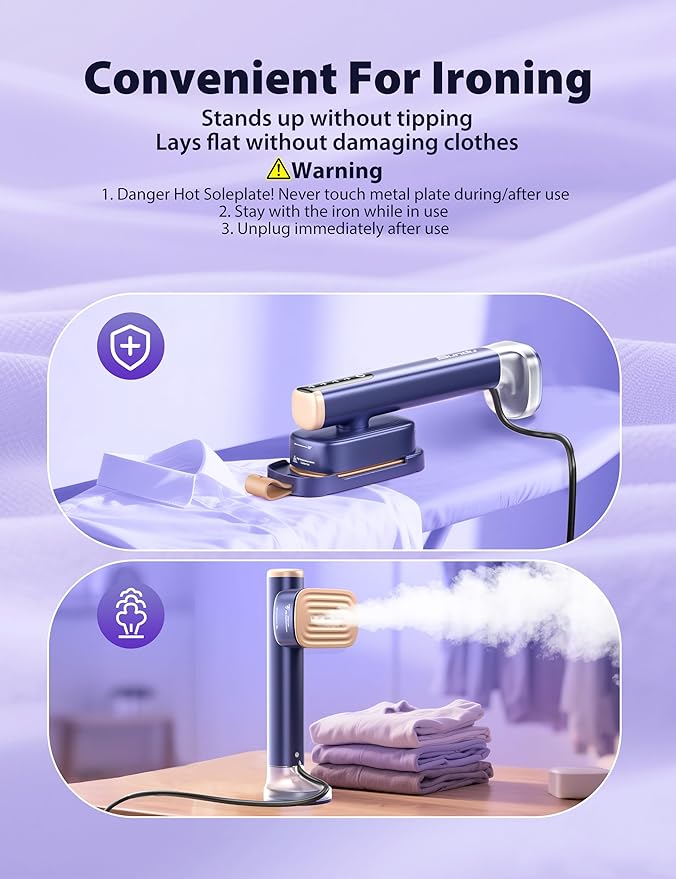 Travel Steamer for Clothes with 180 ml Water Tanks15s Fast Heat-up24 g/min Strong Steam Performance Portable Garment Steamer with Touch Control LED Display Steam Iron(Blue Gold)