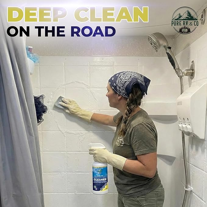 RV Shower Cleaner for Removing Hard Water Marks Soap Scum Stains Bleach and Ammonia-Free Formula Safe for Plastic &amp Fiberglass Low Odor Formula with Citrus Scent (32 oz)