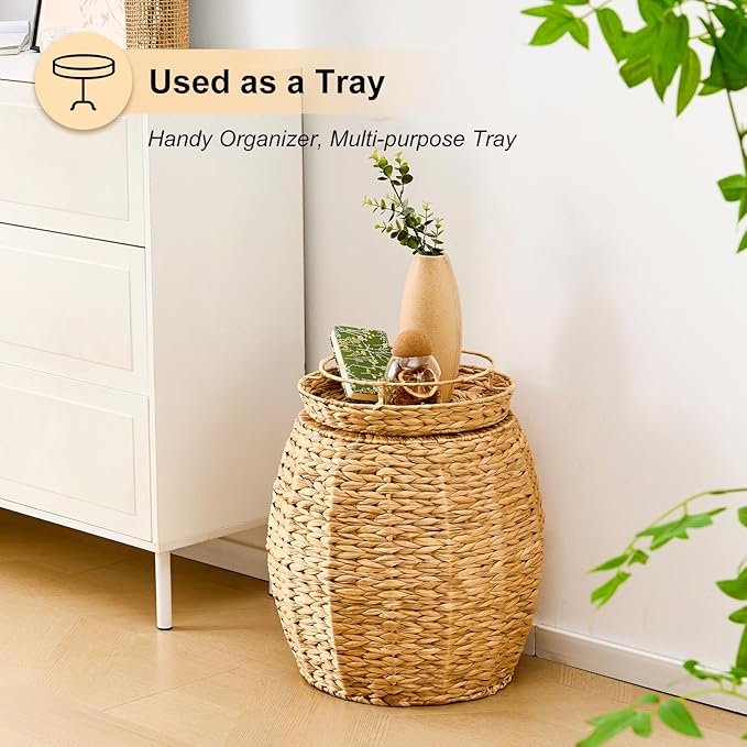 Round Wicker Basket with Lid Handwoven Water Hyacinth Storage Basket Blanket Organizer Basket for Laundry Bathroom Bedroom Living Room Office