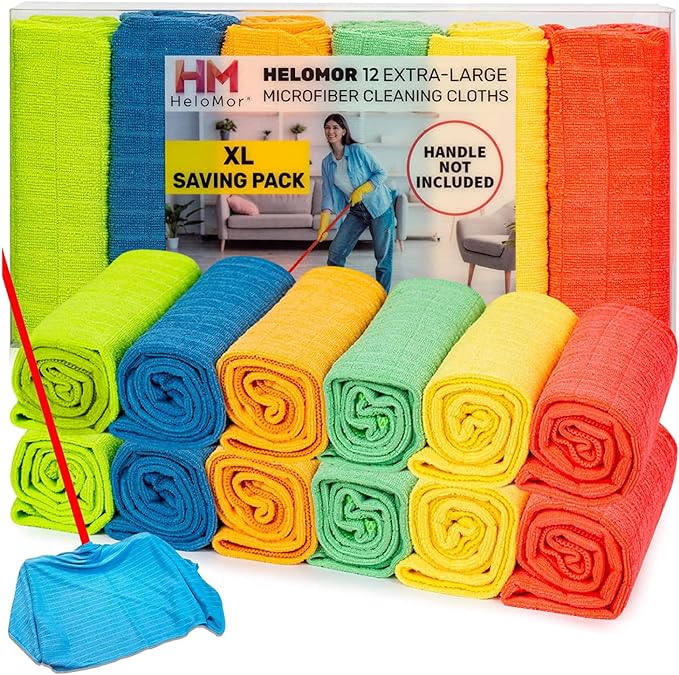HELOMOR 12 Extra Large Microfiber Cleaning Cloths 30x18 Floor Towels for Squeegee Mop Reusable Multi-Purpose Cleaning Rags for House Kitchen Car &amp Windows Highly Absorbent Lint-Free