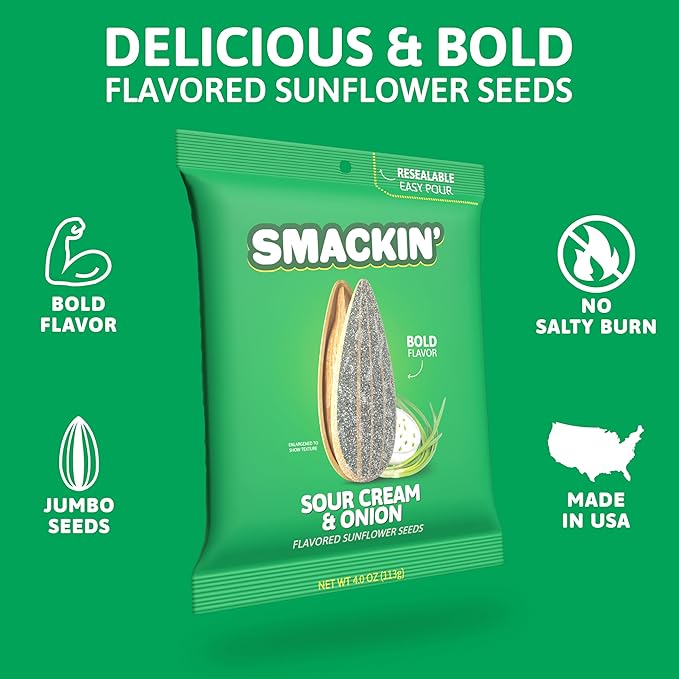 SMACKIN' - Jumbo Roasted Sunflower Seeds No Salty Burn American Made Easy Pour &amp Seal - Sour Cream &amp Onion 4oz bag (12 Bags)