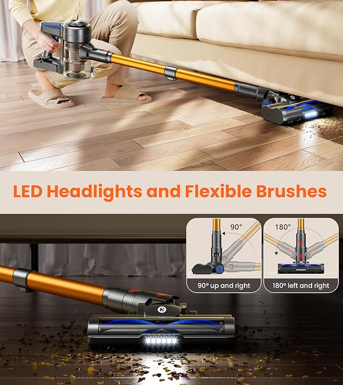 NADALY Cordless Vacuum Cleaner 500W 40KPA Stick Vacuum with 45min Runtime Anti-Tangle Self-Standing Vacuum Cleaners for Home Lightweight Vacuum for Hardwood Floor/Carpet/Pet Hair Bronzed Gold