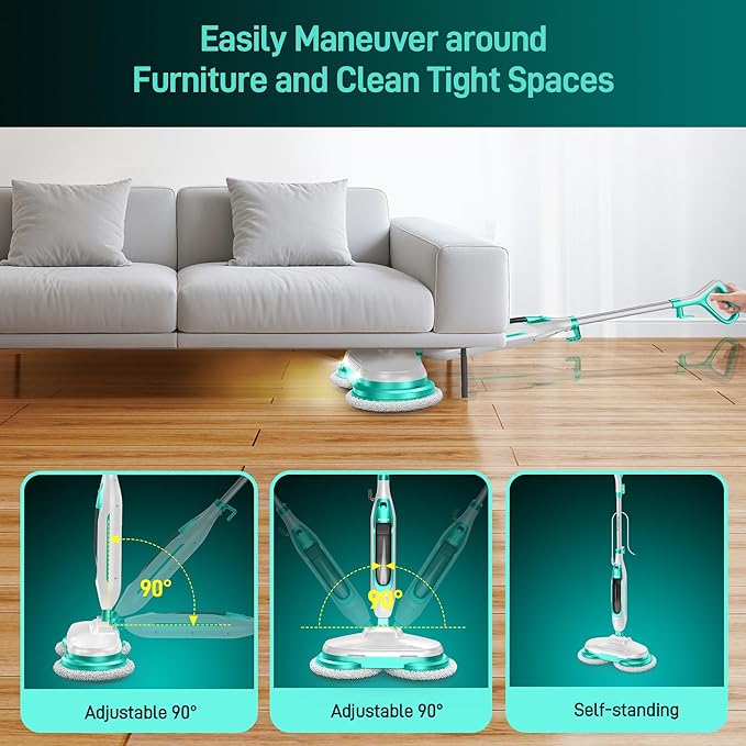 Scrubbing Steam Mop with Rotating Mop Pads All-in-One Hard Floor Cleaner with LED Headlights &amp Swivel Steering