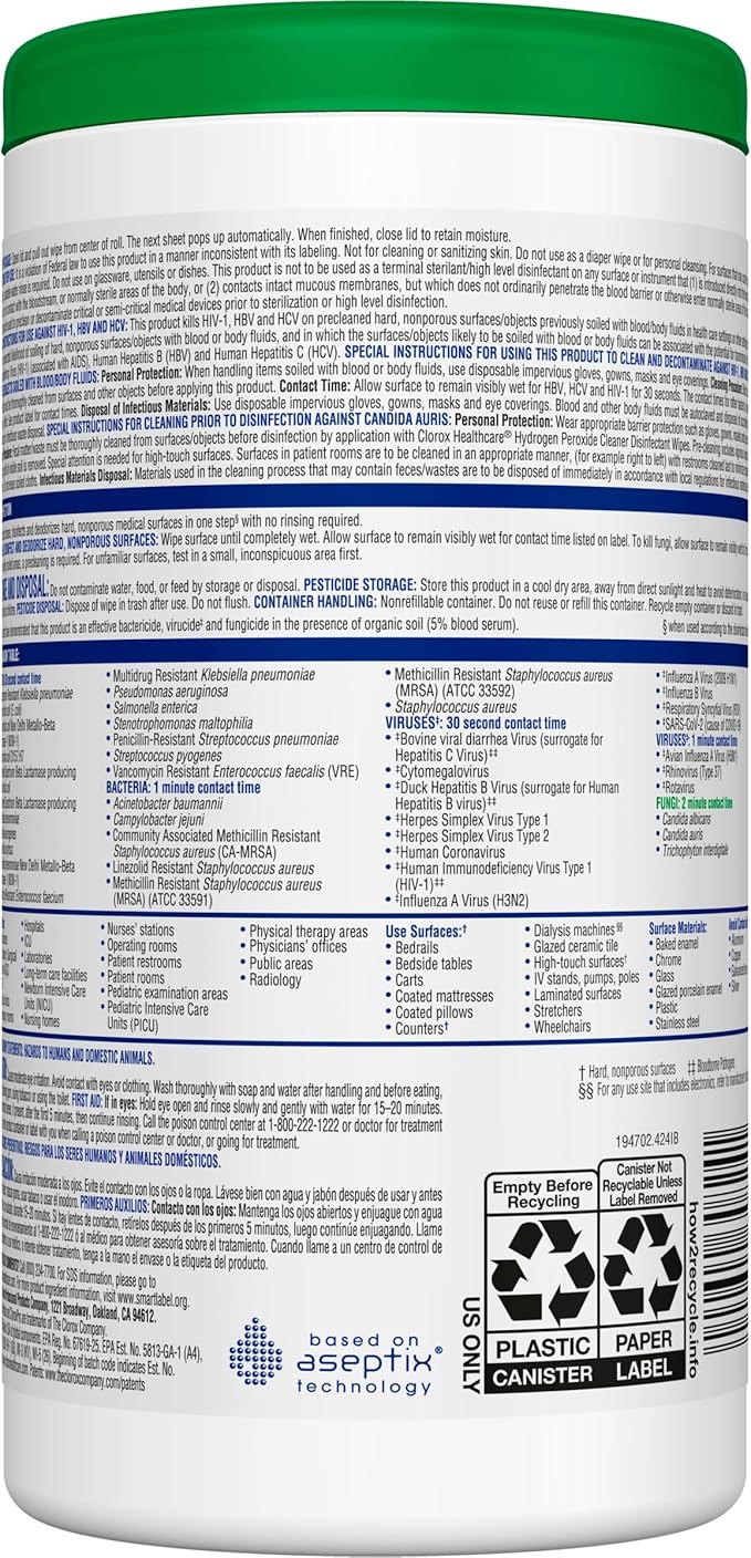 Clorox Healthcare Hydrogen Peroxide Cleaner Disinfectant Wipes 6.75 x 9 95 Count Pack of 6 (Package May Vary)
