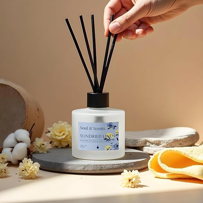 Soul &amp Scents Reed Diffuser Set – Sundried Linen | 7.43 oz Refillable Scented Oil with 6 Fiber Sticks | Long-Lasting Home Fragrance &amp Air Freshener for Bedroom Bathroom Office | Gift &amp D