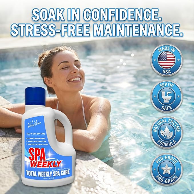 5-in-1 Hot Tub Chemicals – Spa Weekly Enzyme Cleaner &amp Clarifier Scum Line Cleaner Filter Protector + Water Conditioner Clear Finish for Spas &amp Inflatable Tubs 3 Liter (101.5 fl oz) – Bubb