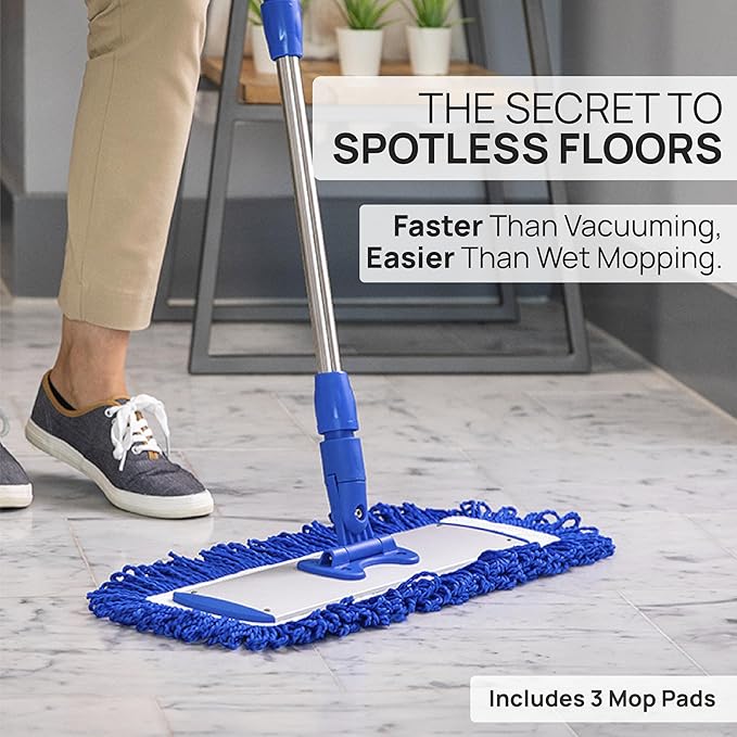 18” Pro Microfiber Hardwood Floor Mop - Cleans Floor in Seconds | Dust &amp Wet Mopping | Hardwood Tile Laminate &amp Vinyl with 3 Washable Pads No Buckets Needed with Deluxe Household Mop