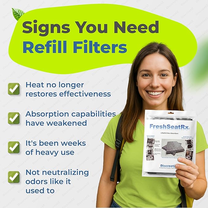 FreshSeatRx 4-Refill Filters fit FS-4 enclosures. Activated Charcoal Chemical Warfare Design High Absorbency-CWDHA Activated Carbon Filter Pads. Reusable Reset with Low Heat for Weeks of use. FR-4