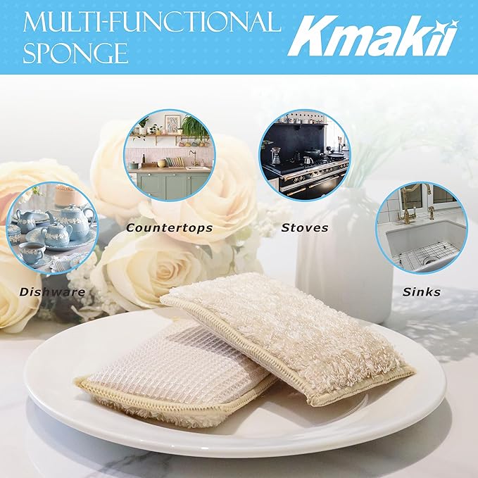 KMAKII Bamboo Kitchen SpongesDish SpongeSuper Absorbent Cleaning Sponges Pack of 12