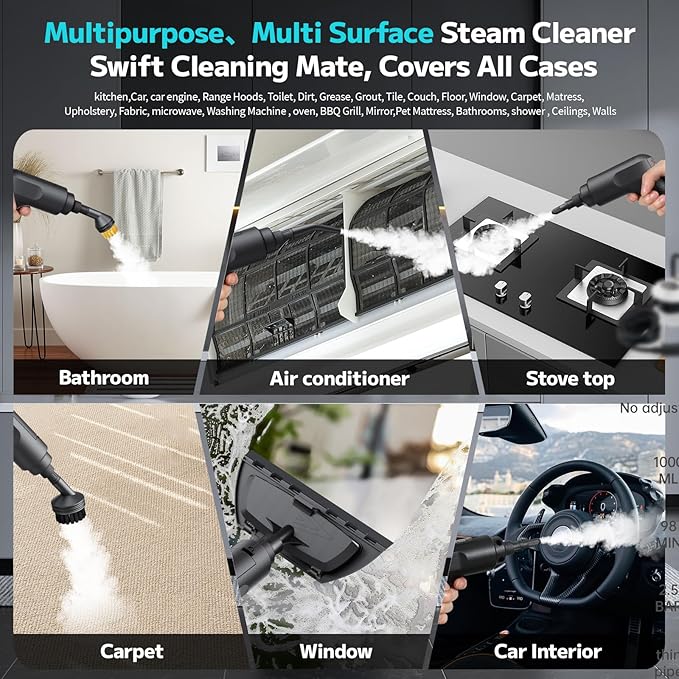 Pressurized Steam Cleaner 54oz Large Tank Portable Steamer for Cleaning with 15-Piece Kit 15s Fast Heat-Up 3-Level Control Handheld Steam Cleaner for Home Car Kitchen Tile Grout(White)
