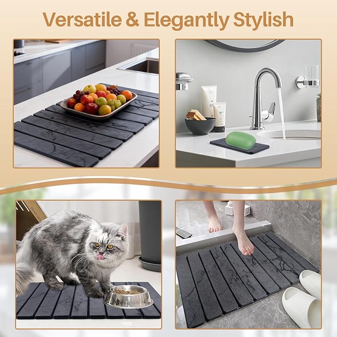 2 PCS Quick Dry Stone Dishes Mats for Kitchen CounterCollapsible Quick Drying Dish MatsUltra Absorbent Diatomaceous Earth Mats for Dishes Bottles Cups Match Any Countertop（Gray 24×16&amp 8x4）