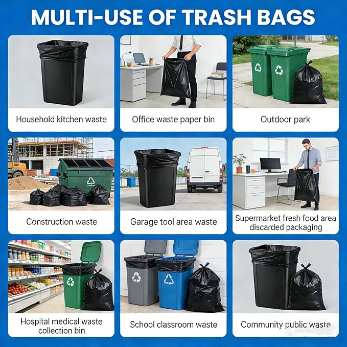 55 Gallon Trash Bag 66 Count Garbage Trash Bags 2.0 Mil Heavy Duty 40 x 47 Large Black Plastic Trash Can Liners Huge for Construction Industrial Yard Outdoor Commercial