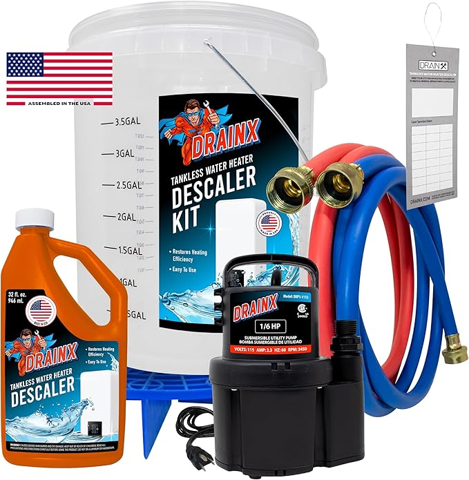 DrainX Tankless Water Heater Flushing Kit Includes Submersible Pump Hoses Liquid Descaler Solution and Measuring Bucket