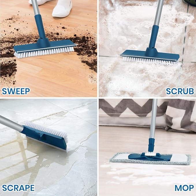 Collapsible Mop and Bucket Set with Scrub Mop and Brush Tile Laminate Hardwood Floor Brush and Flat Mops for Floor Cleaning Foldable Bucket with Washable Microfiber Mop(Blue)