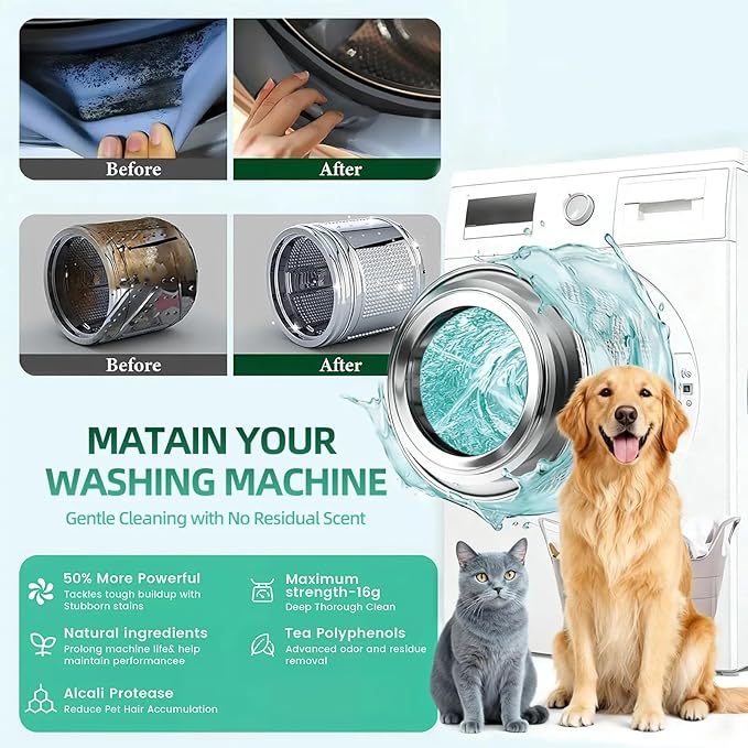 Washing Machine Cleaner Tablets Pet Hair &amp Odor Deep Cleaning Tablets Deep Cleaning Mold &amp Residue Remover for HE Top Front Load Washer Eco-Friendly Deodorizer for Pet Owners (3pcs)
