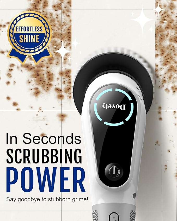 Dovety Electric Spin Scrubber Cordless Cleaning Brush Shower Scrubber with 8 Replaceable Brush Head Power Cleaning Brush with Extension Handle 2 Adjustable Speed for Bathtub Grout Tile Floor