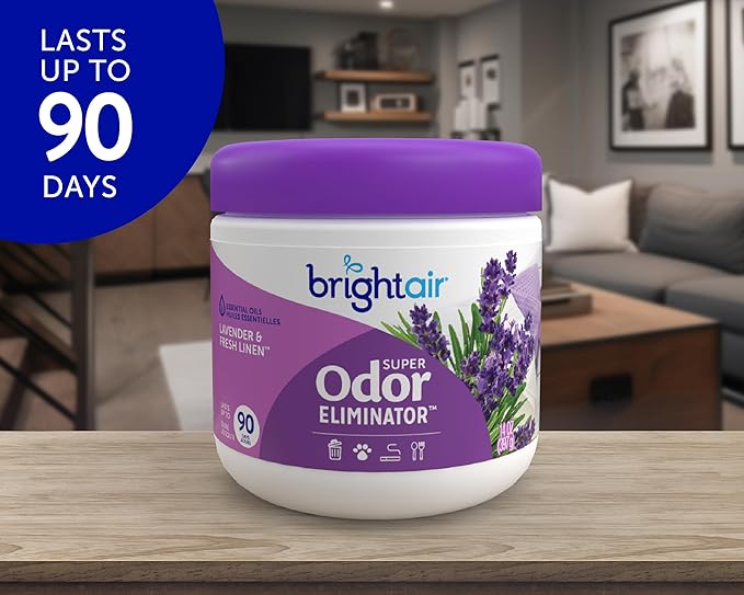 Bright Air 14 oz. Super Odor Eliminator For Medium-Size Spaces Lavender &amp Fresh Linen Scent Case of 6 Odor Eliminator &amp Air Freshener Natural Essential Oils Lasts Up to 90 Days Each