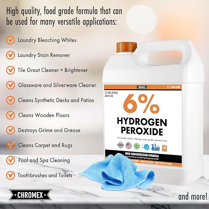 Chromex 6 Percent Hydrogen Peroxide Food Grade Home Kitchen Bath Cleaner Laundry Whitening 2.5 Gallons