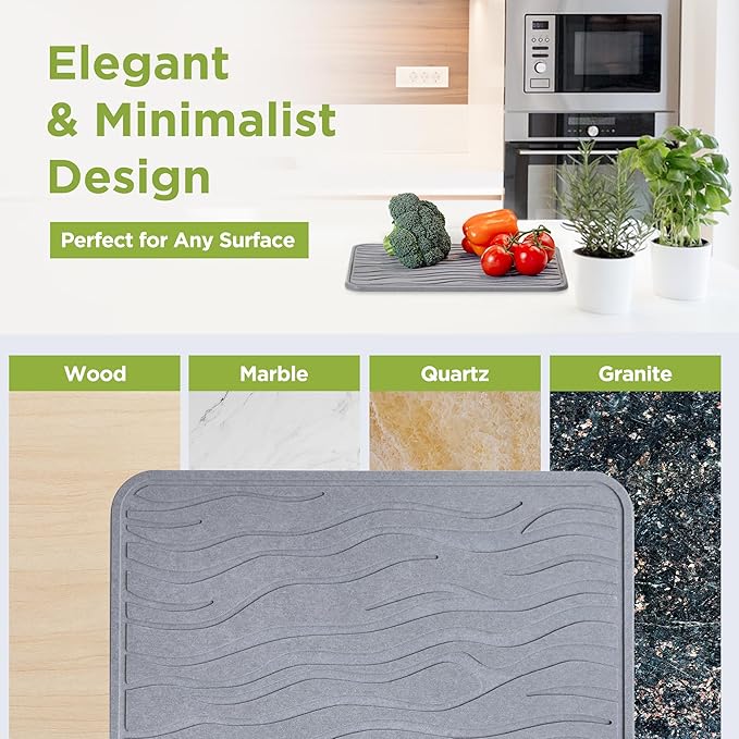Stone Dish Drying Mat for Kitchen Counter - Super Absorbent Fast Drying Diatomaceous Earth Prevents Water Build-Up Non-Slip &amp Heat Resistant 15.75 X 11.75 Dark Gray