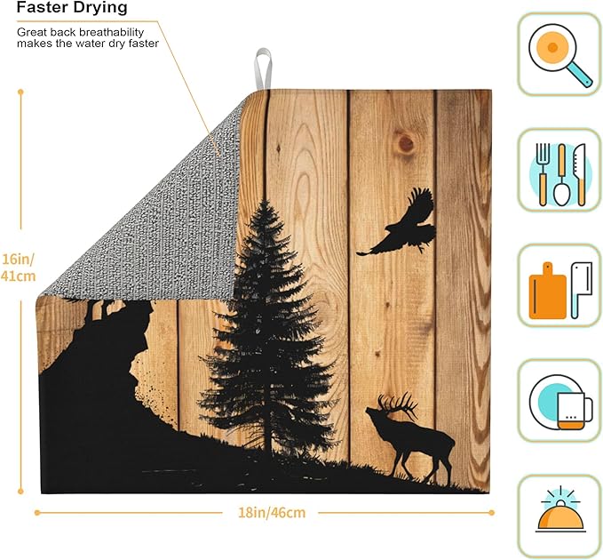 Retro Rustic Wolf Deer Forest Brown Wood Dish Drying Mat for Kitchen Counter 16x18 Microfiber Absorbent Fast Dry Mat 2Pcs Dish Mat Faucet Mats Sets Large Drying Kitchen Mat Kitchen Drying Pad