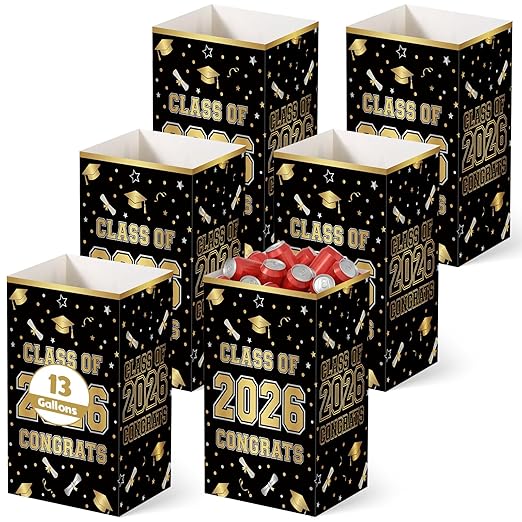 Tinlade 6 Pack 2026 Black and Gold Graduation Decoration 13 Gallon Disposable Trash Cans Class of 2026 Party Garbage Bins Large Waterproof Foldable Recycle Pop up Bins for Graduation Party School
