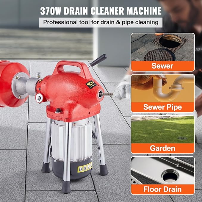 VEVOR Drain Cleaner Machine 120FT x 5/8 Inch 370W Electric Sewer Snake Auger Manual Feed - with 2 Sectional Steel Cables(120' x 5/8 and 23' x 3/8) 7 Cutters and CW/CCW Control for 1.6 to 4 Pipes