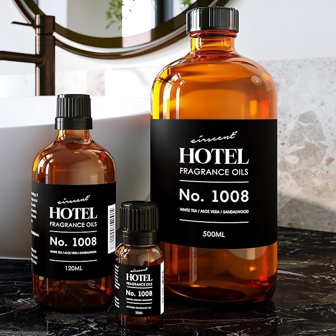 AirScent Hotel Diffuser Oil No. 1008 - White Tea Aloe Vera &amp Sandalwood - Hotel Scent Dupe - Premium Fragrance Oil for Ultrasonic and Waterless Diffusers and Crafting - 120 mL 4 fl oz Glass Bott