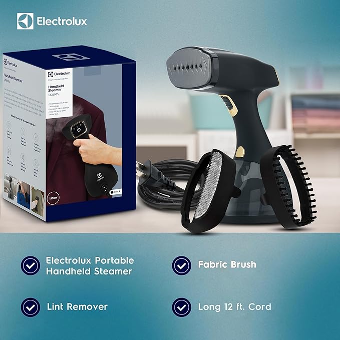Electrolux Steamer for Clothes LX15003 Portable Handheld Fabric and Garment Steamer Iron Press Wrinkle Remover with Lint Remover &amp Fabric Brush – Black