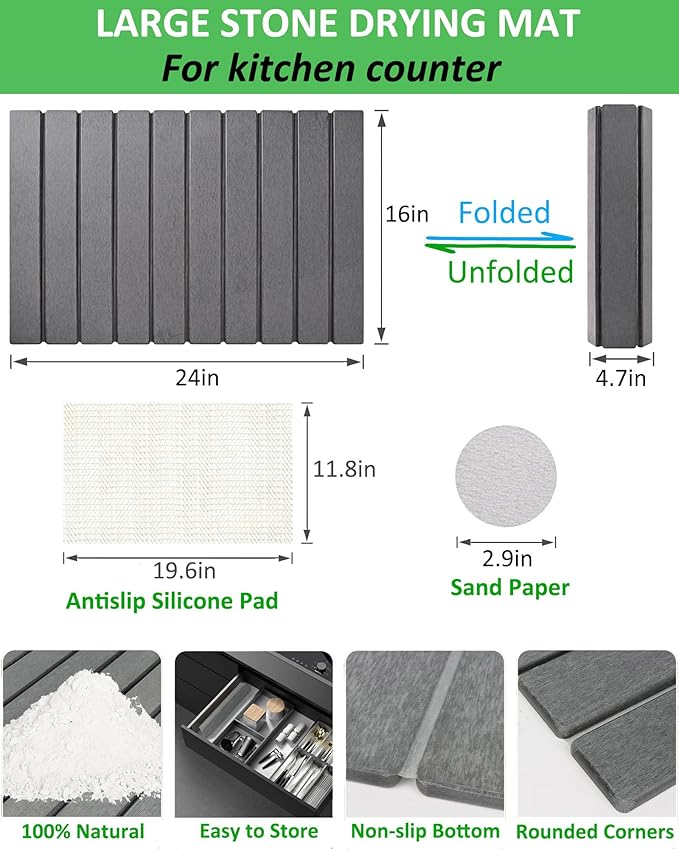 Large Stone Dish Drying Mat for Kitchen Counter 24x16 Inches Foldable Food-grade Material Super Absorbent Diatomaceous Earth Mats with Self-drying for Dishes Sink Bathtub Dark Grey