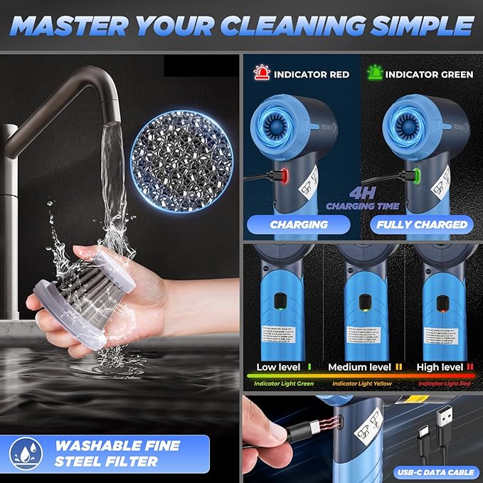 Saker Portable Car Vacuum Cleaner Cordless High Power 17000PA 3 in 1 Foldable Handheld Vacuum Cordless with Brushless Motor for InflationDust BlowingHome Car Cleaning HL132 Blue