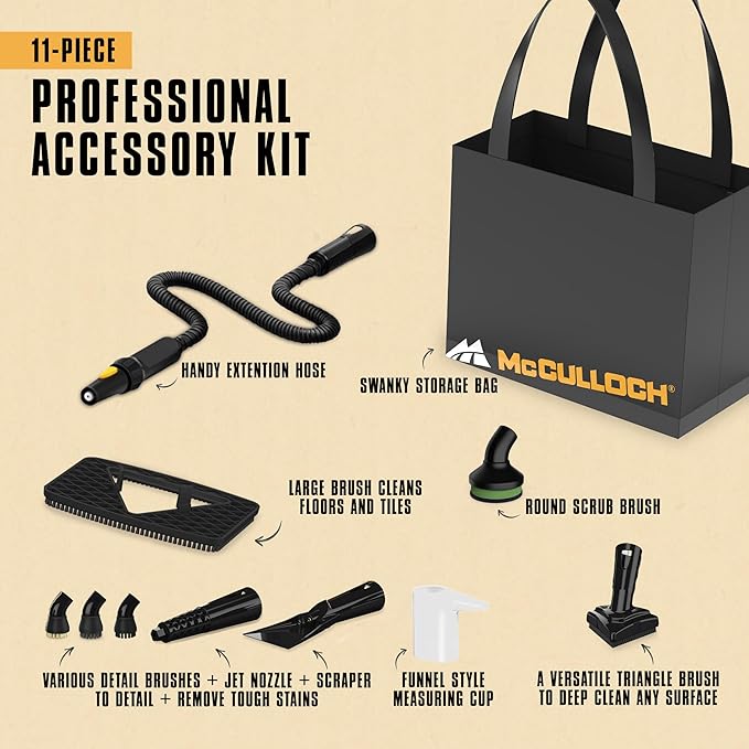 McCulloch MC1230 Handheld Steam Cleaner 10 Minute Runtime 11 Accessories: Jet Nozzle Brushes &amp More - Built for Home Tile Grout Carpet Furniture &amp Personal Car Detailing