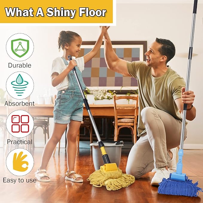 Gejoy 2 Sets Looped End Commercial Mop Heavy Duty Industrial Mop with 4 Mop Replacement Heads Stainless Steel Pole Iron Clamp Cotton Mops for Floor Cleaning Dust Wood Floor Kitchen Blue Yellow
