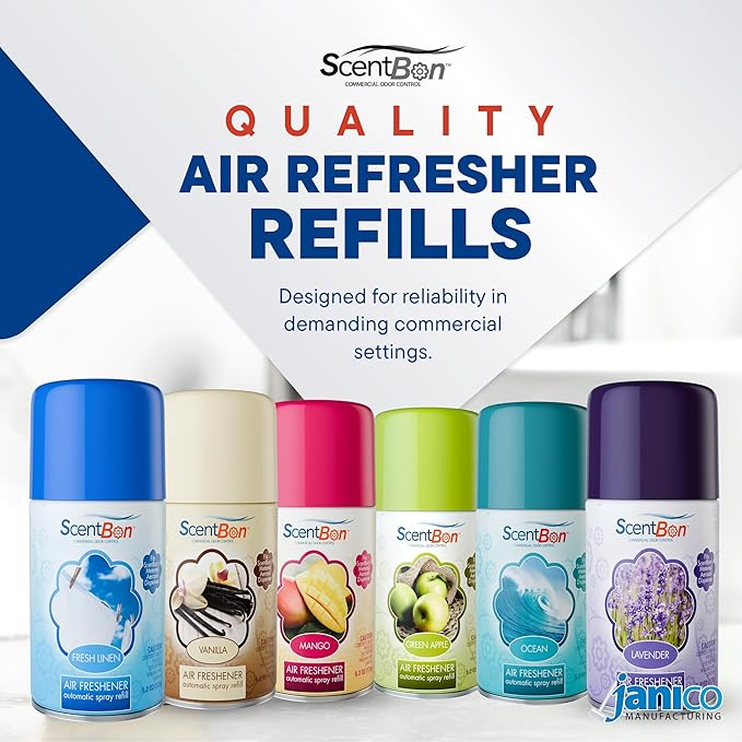 ScentBon 7207 Air Freshener Refill Metered Aerosol Can Cinnamon Fresh Linen Green Apple Mango Ocean Vanilla Pack of 12