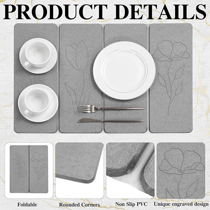 Kathfly 2 Pcs Large Stone Dish Drying Mats for Kitchen Counter Floral Absorbent Diatomaceous Earth Foldable Quick Dry Anti-slip Pad with Brush for Tableware Bottle Cup(Natural Style)