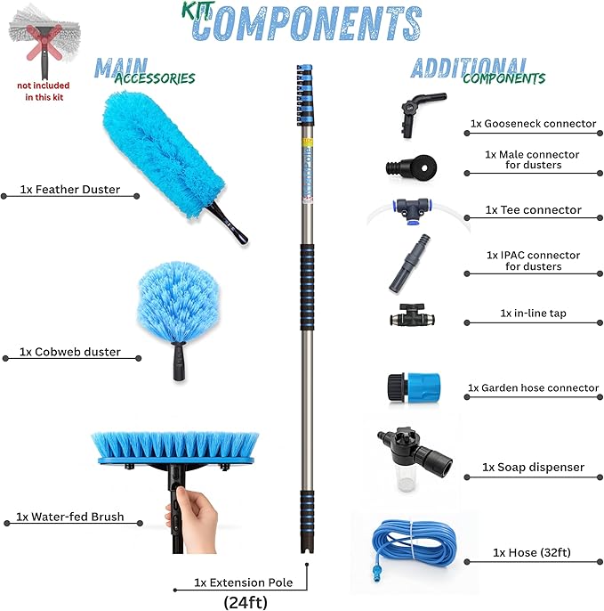 IGADPole 24 FT Washing Kit: Water-fed Brush with Soap Dispenser Cobweb Dusters with 6-Stage Telescoping Pole 5-24ft Pole/Window and Dusting Cleaning Kit