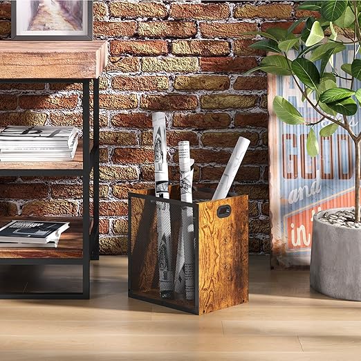 Retro Office Trash Can Iron and Wood Combination Bedroom Garbage Can Rectangular Design Wastebasket with Handle Industrial Style Trash Can for Home Office 4.5 Gallon (Patent Pending)