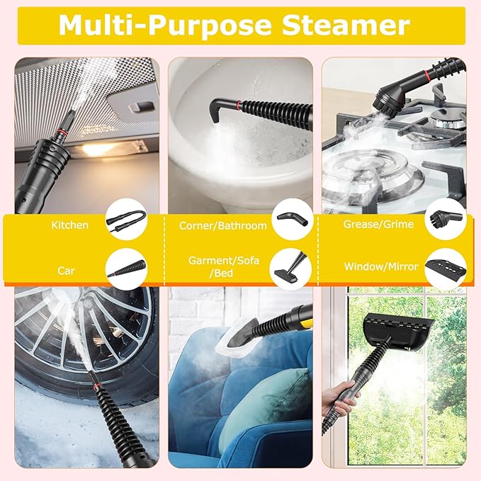 COSTWAY Handheld Steam Cleaner 1050W Portable Household Steamer with 9 Accessories 12 oz Water Tank Multipurpose Pressurized Steam Cleaning Machine for Floor Window Grease Grime (Yellow)