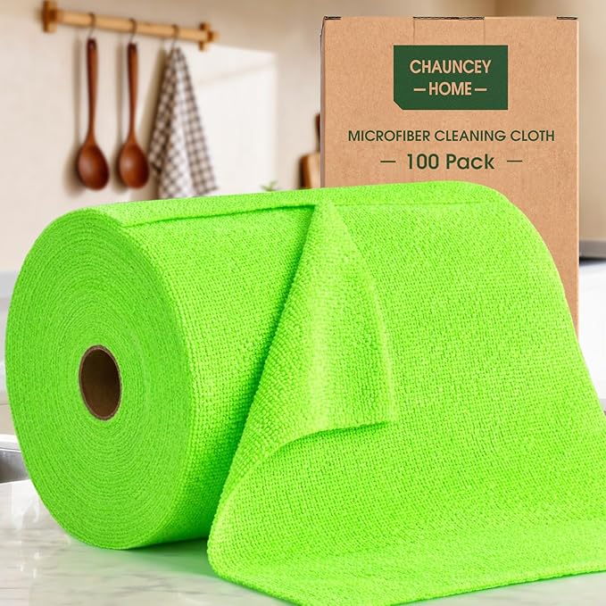 Microfiber Cleaning Cloth Roll - 100 Pack Tear Away Microfiber Paper Towels Reusable Washable Scratch-Free Kitchen Towels for Car Home Kitchen Glass Dishes (Neon Green)