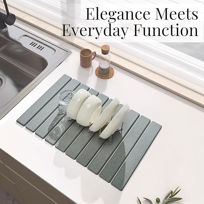 Diatomaceous Stone Dish Drying Mat with Collapsible Steel Rack - Quick Dry Kitchen Counter Set Space Saving Foldable Dryer