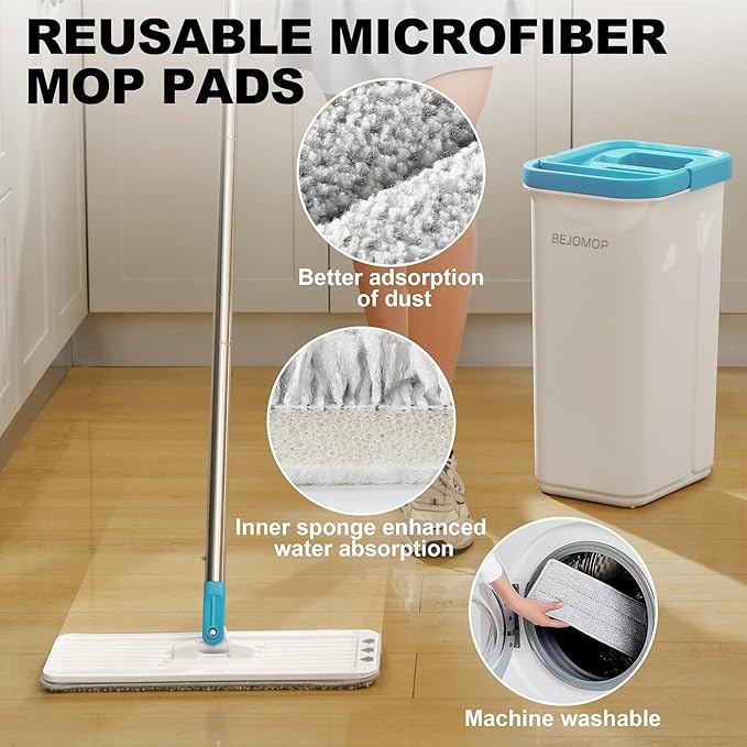 Mop and Bucket Set Mops for Floor Cleaning Squeeze Flat Mop and Bucket System Dry &amp Wet Wall Mop Cleaner with Long Handle for Household Cleaning with 4 Microfiber Mops Turquoise-Cyan