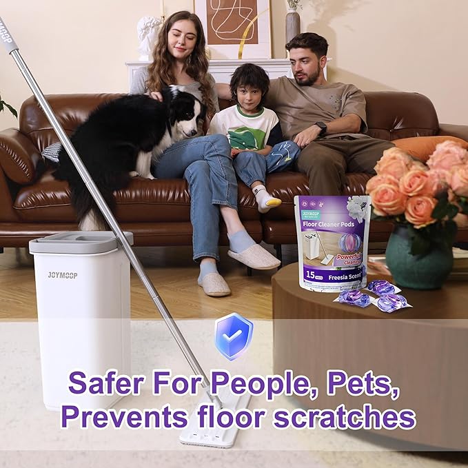 JOYMOOP Mop and Bucket Set with Floor Cleaner PodsFlat Mop and Bucket System with 3 Reusable Microfiber Mop PadsFreesia Scent Mop Soap Pack of 15 for Floor Cleaning