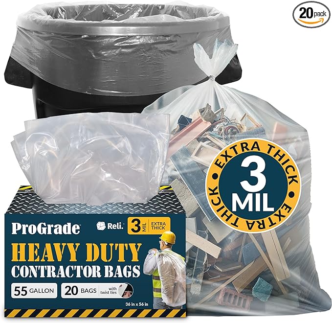Reli. Contractor Garbage Bags 55 Gallon | 20 Trash Bags | Heavy Duty | Clear Contractor