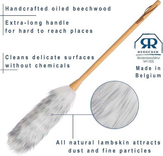 REDECKER Lambswool Duster Natural Magnet for Dust and Fine Particles Cleans Without Scratching 29-1/2 inches - Lambs Wool Dusters for Cleaning - Lambs Wool Duster Made in Belgium Reusable Duster