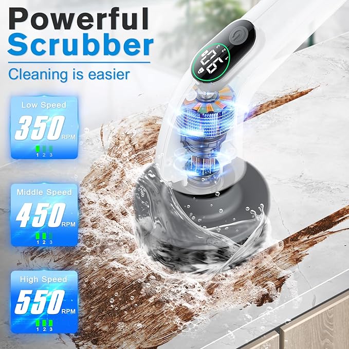 Electric Spin Scrubber 550 RPM Cordless Home Cleaning Brush with Extended Handle 3 Speeds 8 Replacement Heads IPX7 Waterproof LCD Display – Power Shower Scrubber for Bathroom Tub Floor Tile
